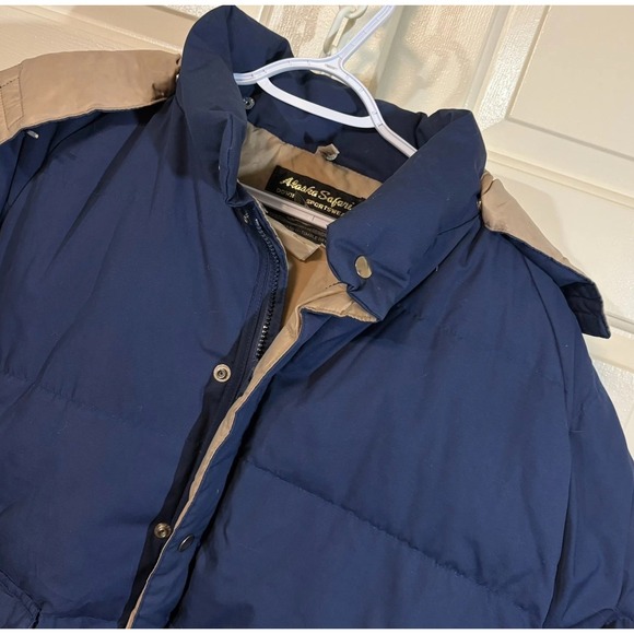 Vintage Alaska Safari Down Jacket Mens L Blue Hooded Puffer Parka Coat 90s Warm